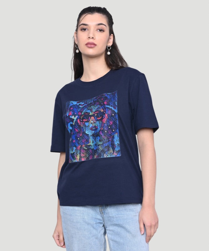 Women's Blue Graphic Print Half Sleeves Regular Fit T-Shirt